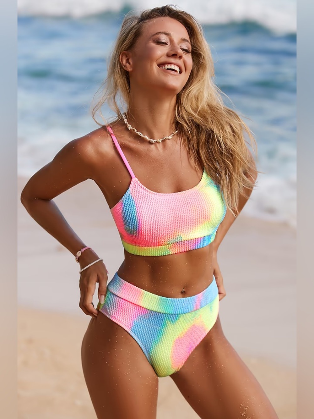 Tie-Dye Wash Textured Scoop Neck Top & High Waist Bikini Set